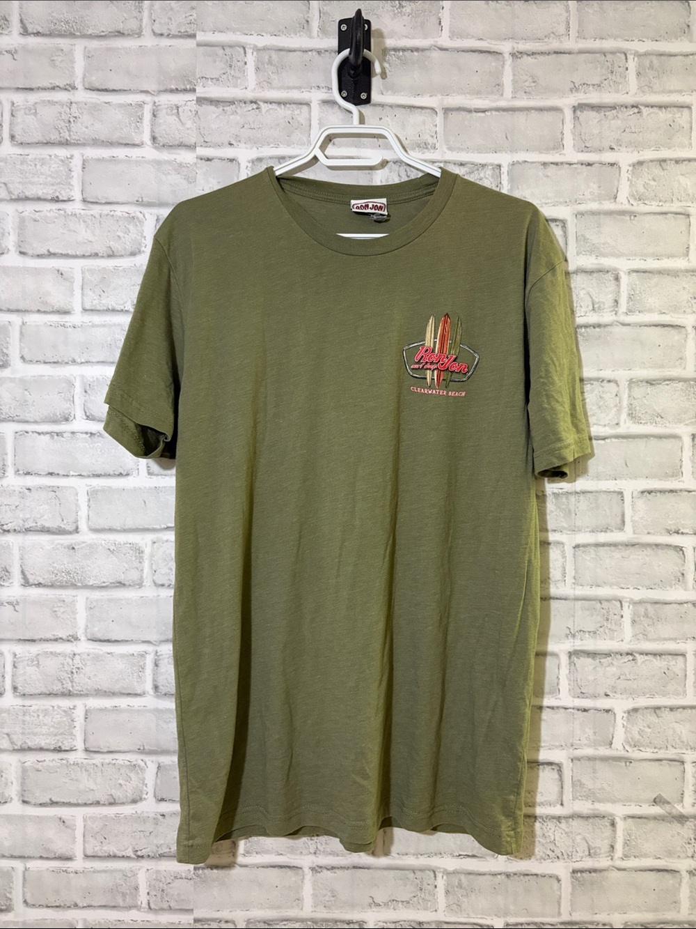 Ron Jon Olive Green Short Sleeve Surf Graphic Tee, Clearwater beach, large
